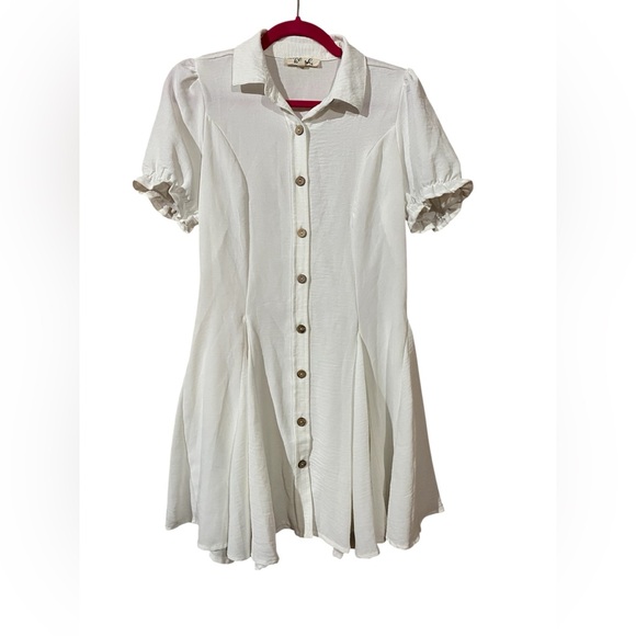 Hint of Blush White Button-Up Mini Dress with Ruffle Small - Picture 1 of 4